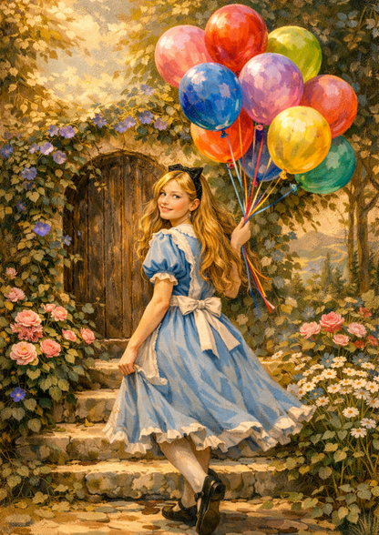 Rice Paper For Decoupage Alice Holding Birthday Balloons  Cat. No.9271