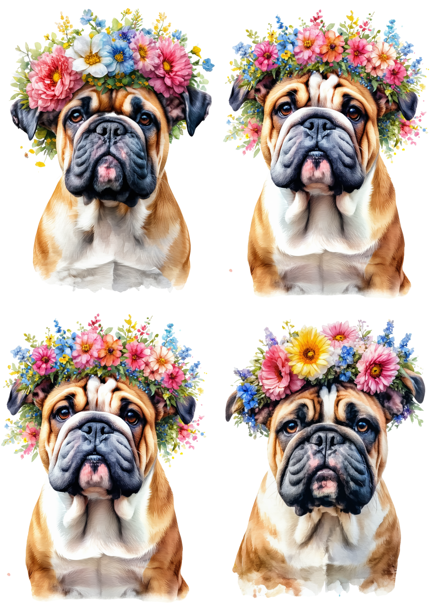 Rice Paper For Decoupage Cute English Bulldog with Floral Crown Collage Cat. No.9280