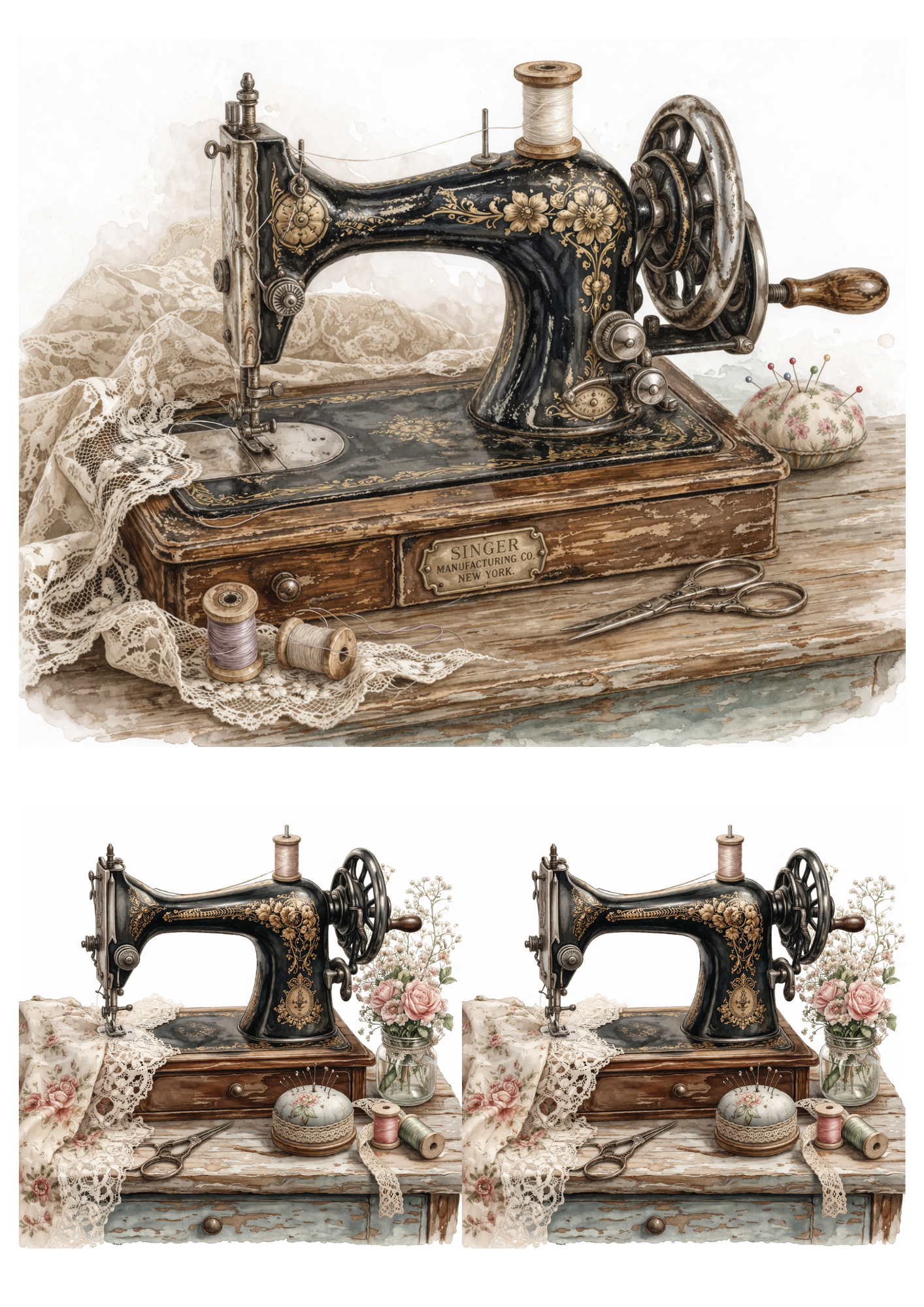 Rice Paper For Decoupage Vintage Sewing Machine  Collage  Cat. No.9301