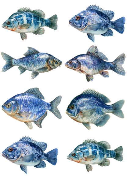 Rice Paper For Decoupage Blue Fish Collage  Cat. No.9307