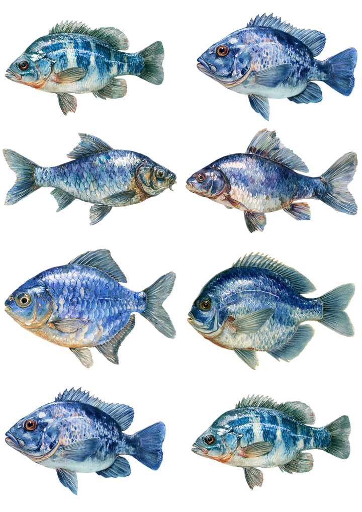 Rice Paper For Decoupage Blue Fish Collage  Cat. No.9307