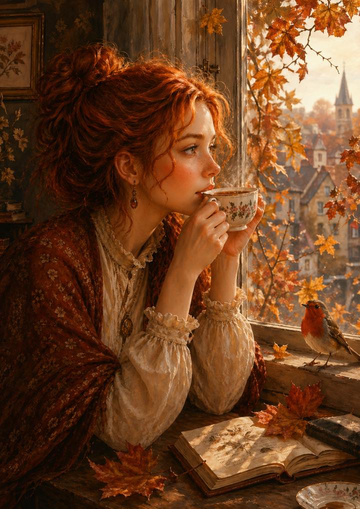 Rice Paper For Decoupage  Romantic Autumn Window View &amp; Nostalgic Girl Full  Cat. No. 9352