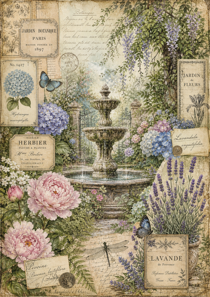 Rice Paper For Decoupage  Romantic Garden Fontain Full / Journaling Page Cat. No. 9361