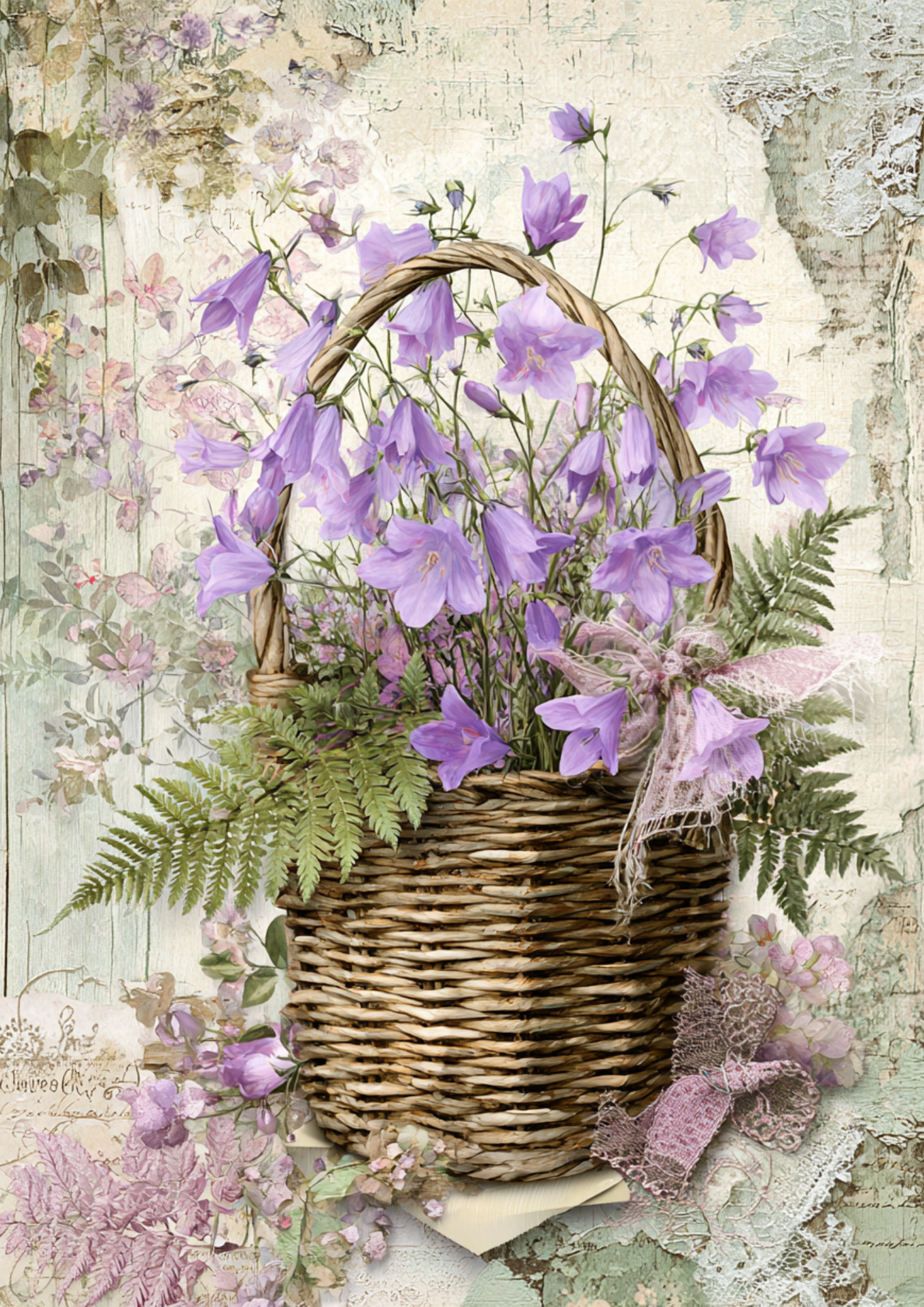 Rice Paper For Decoupage Purple Bells and Forest Fern in Basket Full Cat. No. 9373