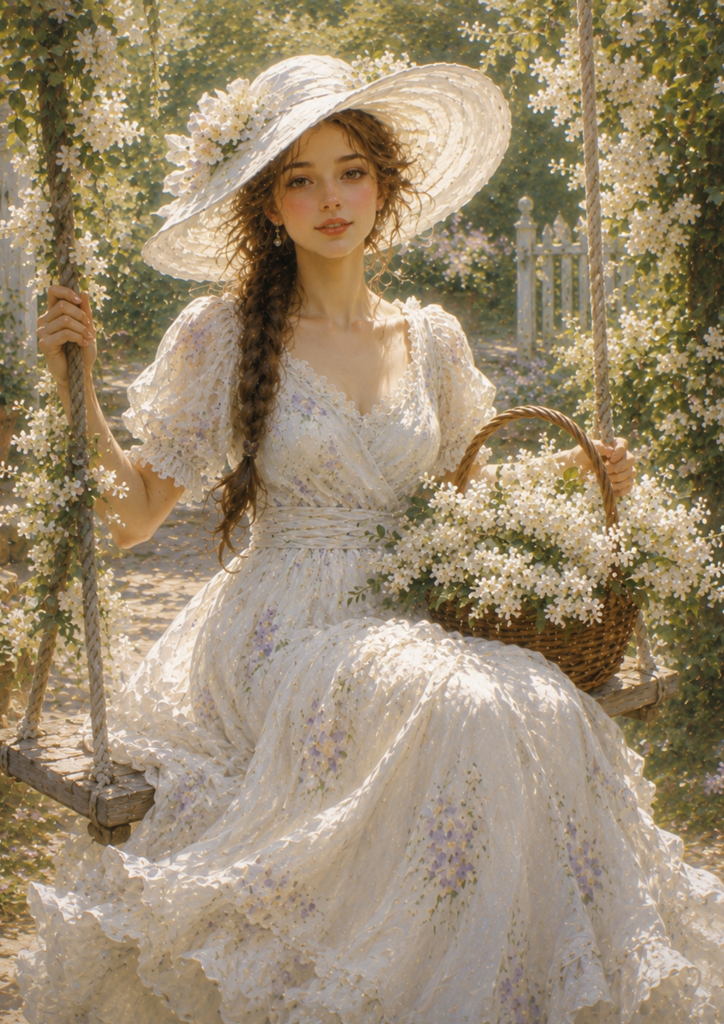 Rice Paper For Decoupage Girl in Old Lilac Garden on Swing Full  Cat. No. 9378