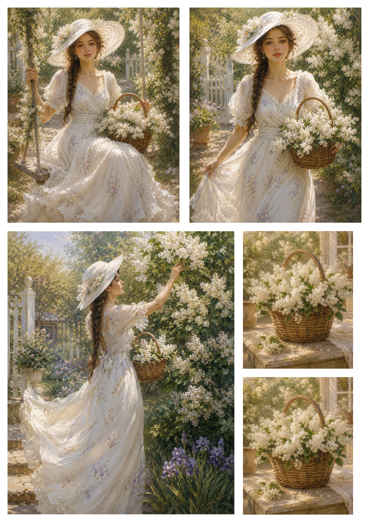 Rice Paper For Decoupage Girl in White Lilac Garden Collage  Cat. No. 9380
