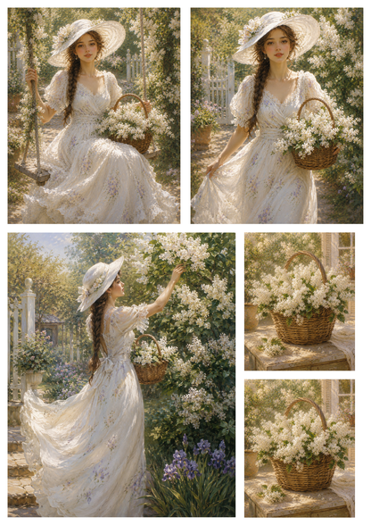 Rice Paper For Decoupage Girl in White Lilac Garden Collage  Cat. No. 9380