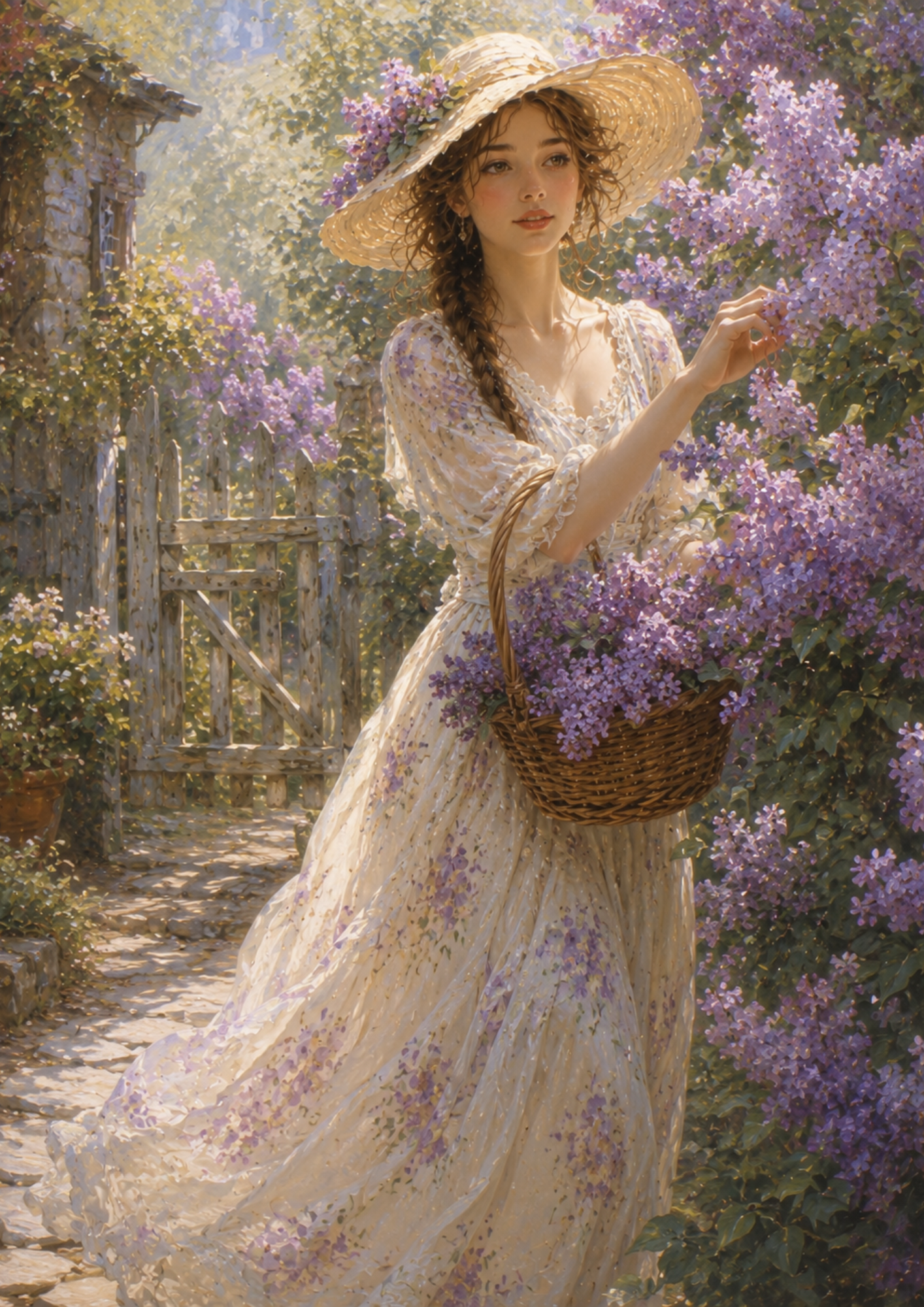 Rice Paper For Decoupage Girl Picking Purple Lilac Full  Cat. No. 9389