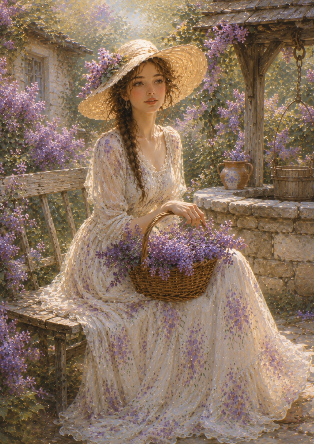 Rice Paper For Decoupage Girl Sitting in Garden with Purple Lilac Full  Cat. No. 9390