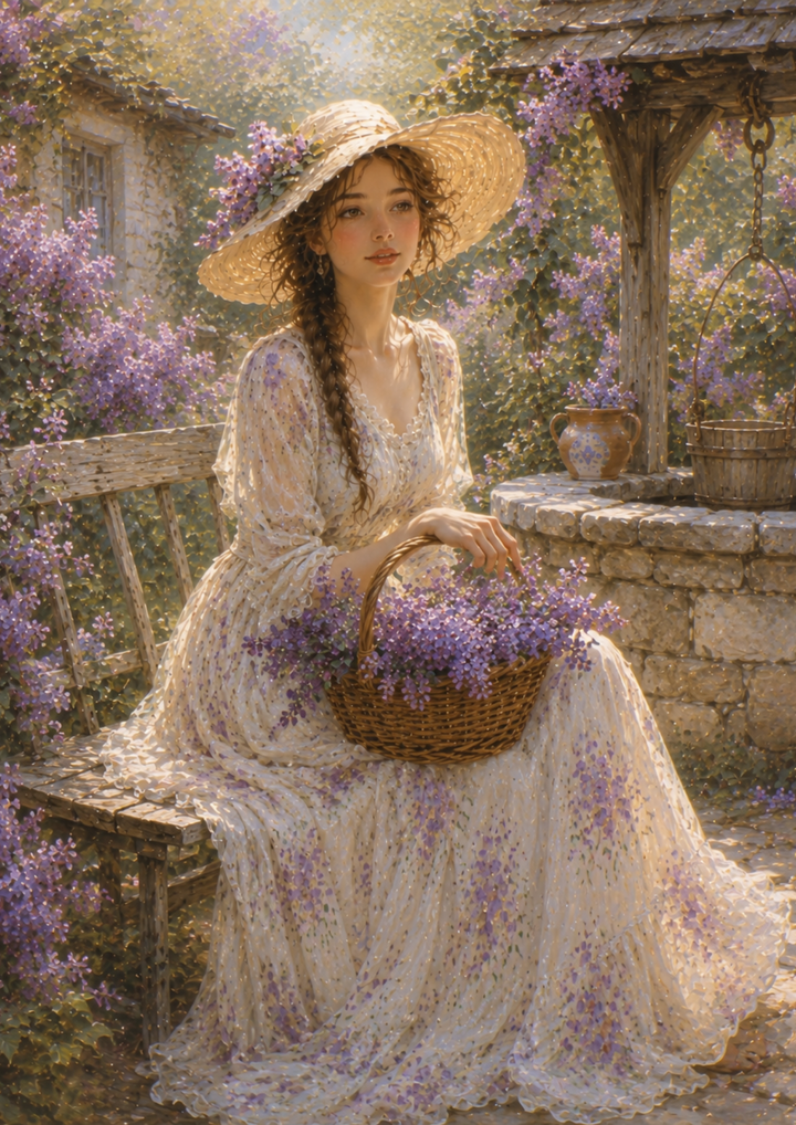 Rice Paper For Decoupage Girl Sitting in Garden with Purple Lilac Full  Cat. No. 9390