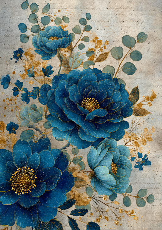 Rice Paper For Decoupage  Vintage Blue Roses on Beige Full  Cat. No. 9396