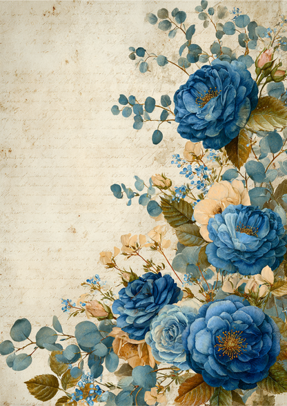 Rice Paper For Decoupage  Vintage Blue Roses on Beige Full  Cat. No. 9397