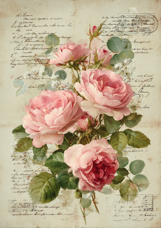 Rice Paper For Decoupage Pink Roses on Beige Full  Cat. No. 9400
