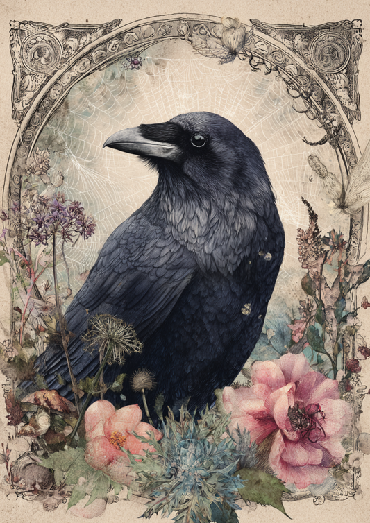 Rice Paper For Decoupage  Raven & Flowers Full  Cat. No. 9409