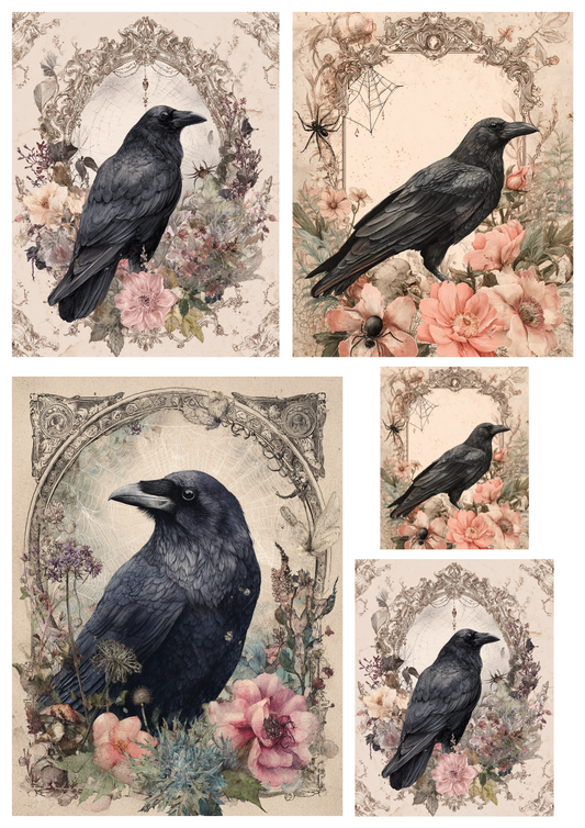 Rice Paper For Decoupage  Raven & Flowers Collage  Cat. No. 9410