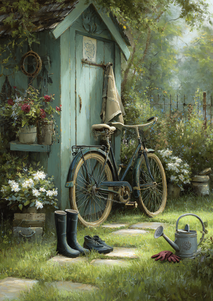 Rice Paper For Decoupage Rustic Garden Shed &amp; Old Bicycle Full Cat. No. 9437