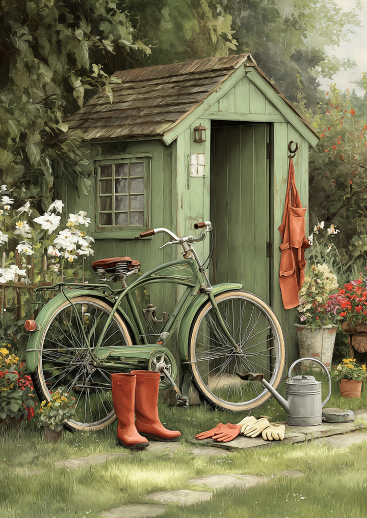 Rice Paper For Decoupage Rustic Garden Shed &amp; Old Bicycle Full Cat. No. 9438