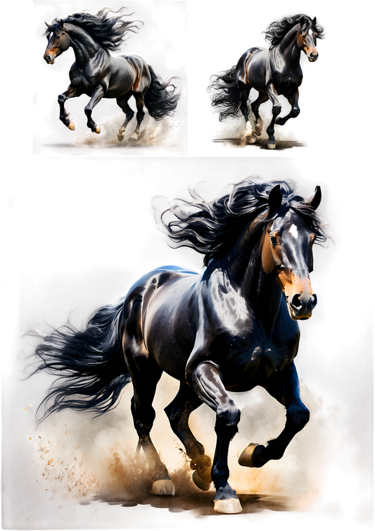 Rice Paper For Decoupage Black Horse in Gallop Collage Cat. No. 9442