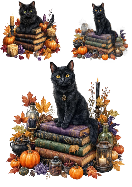Rice Paper For Decoupage Halloween Black Cat & Old Magic Books Collage Cat. No. 9456