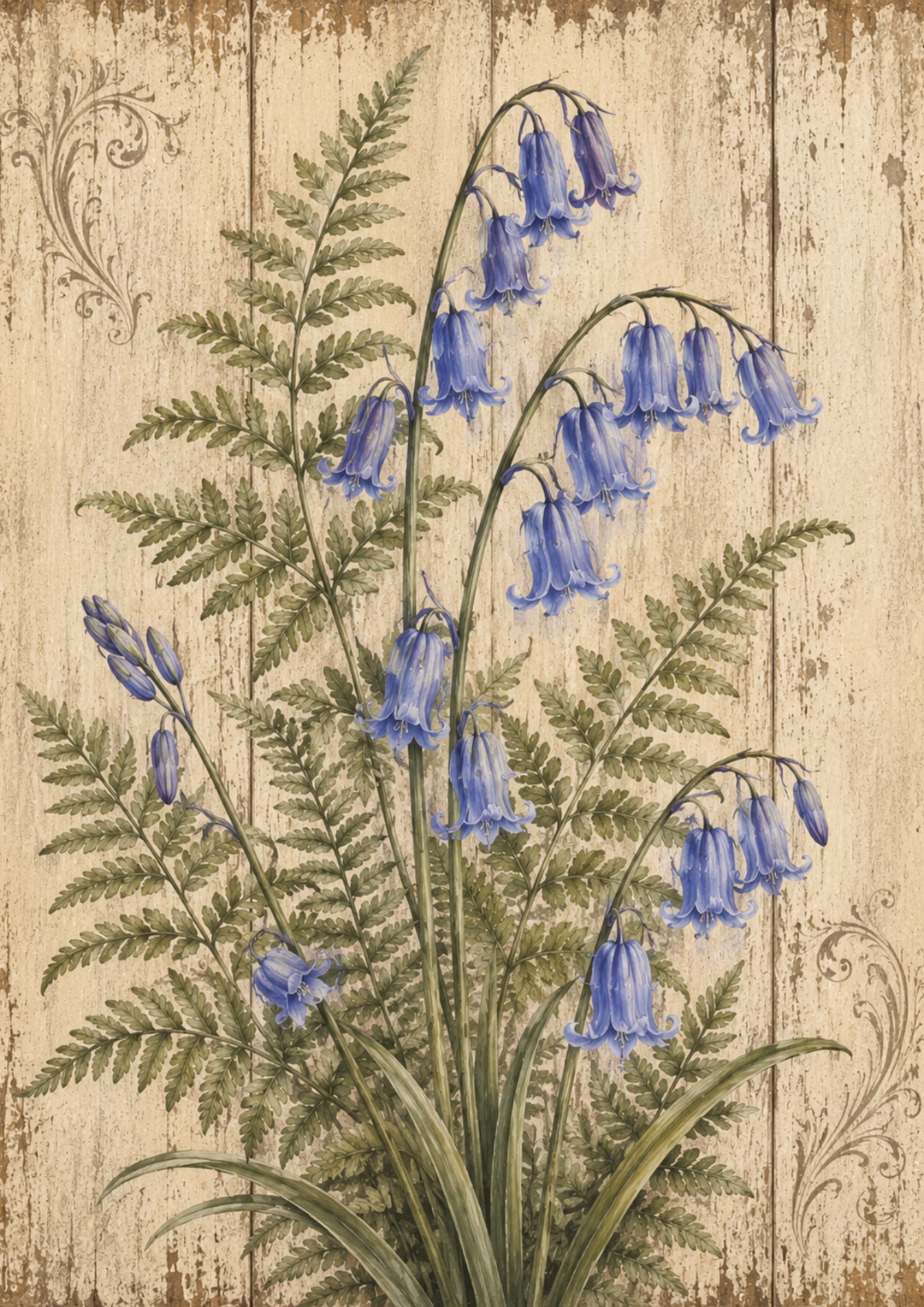 Rice Paper For Decoupage Blue Forest Bells &amp; Fern on Wooden Board Full  Cat. No. 9486