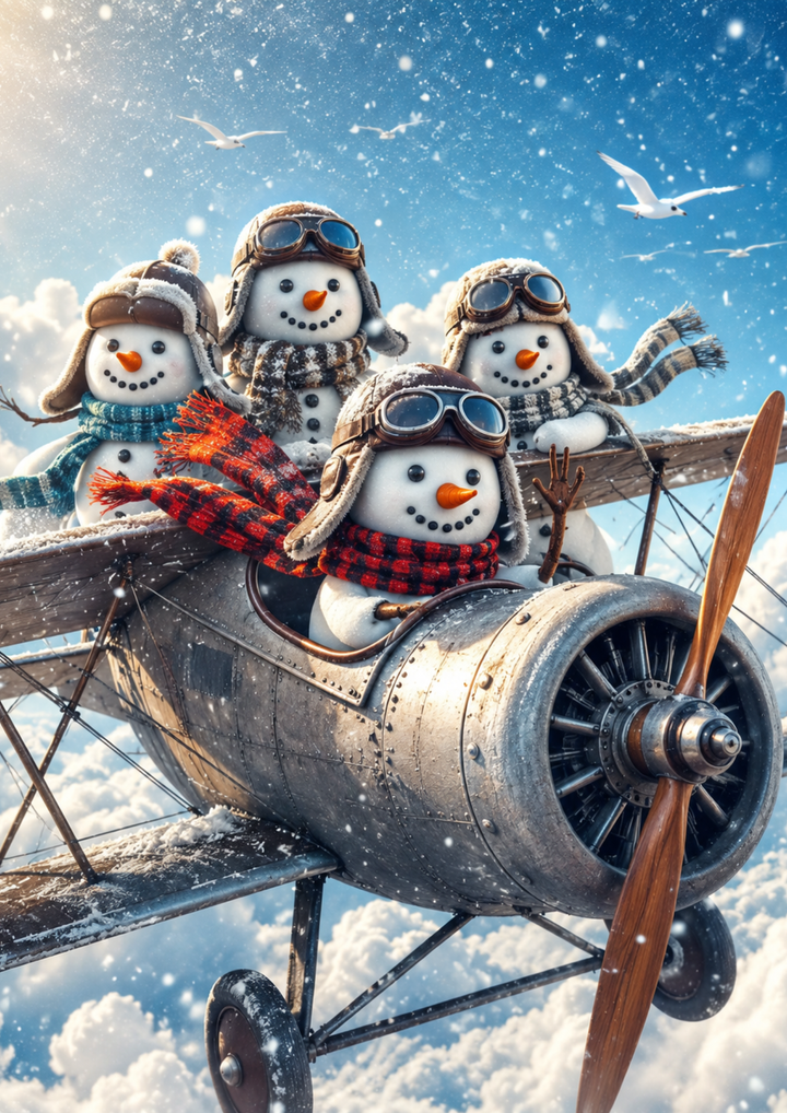 Rice Paper For Decoupage Snowman Plane Journey Full  Cat. No. 9509