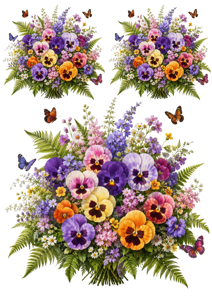 Rice Paper For Decoupage Pansies, Fern &amp; Butterflies Collage  Cat. No. 9511