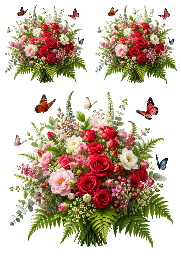 Rice Paper For Decoupage Vibrant Red Roses , Fern &amp; Butterflies Collage  Cat. No. 9512
