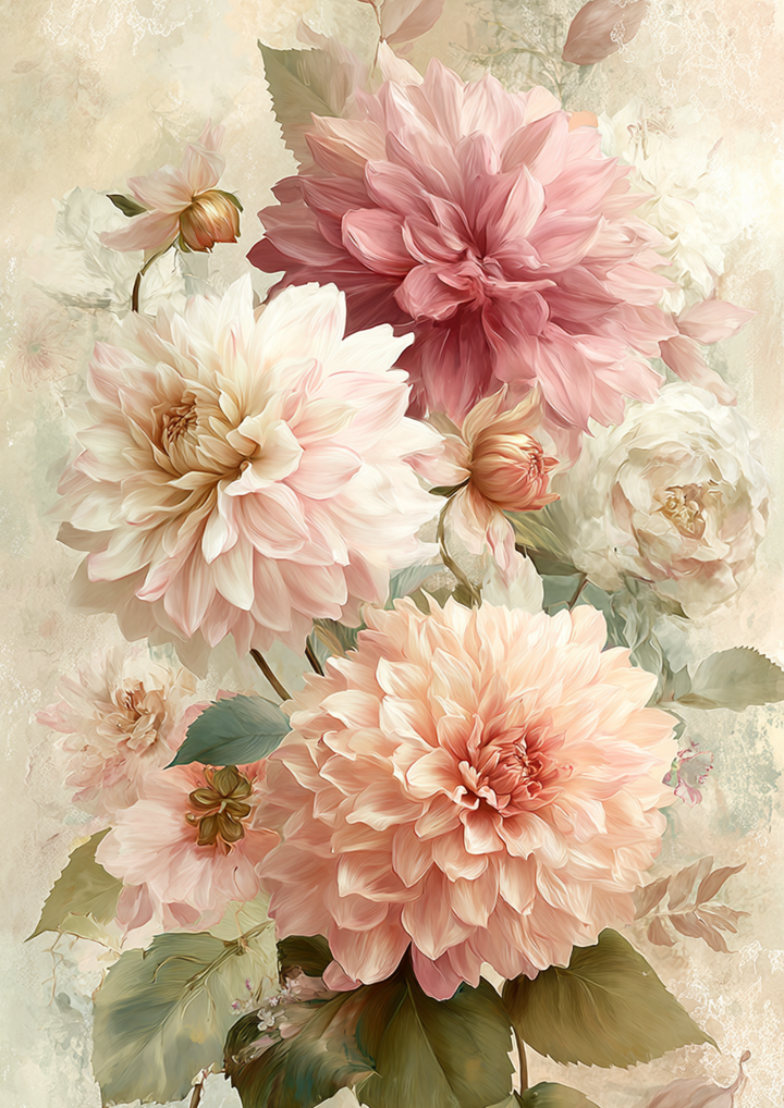Rice Paper For Decoupage Soft Pastel Dahlias  Full  Cat. No. 9516