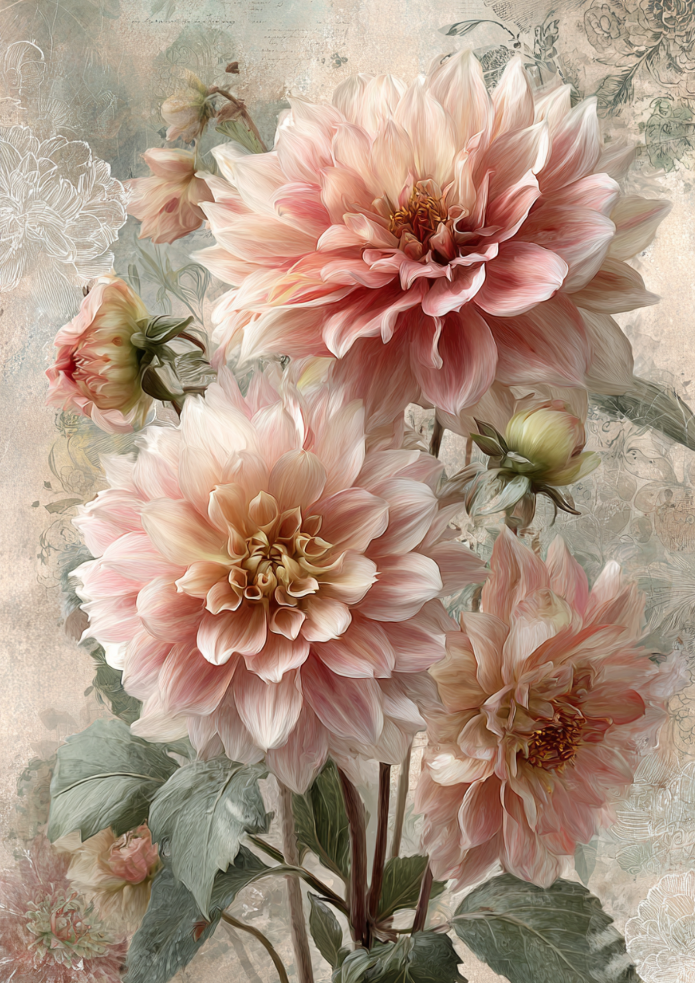 Rice Paper For Decoupage Soft Pastel Dahlias  Full  Cat. No. 9519