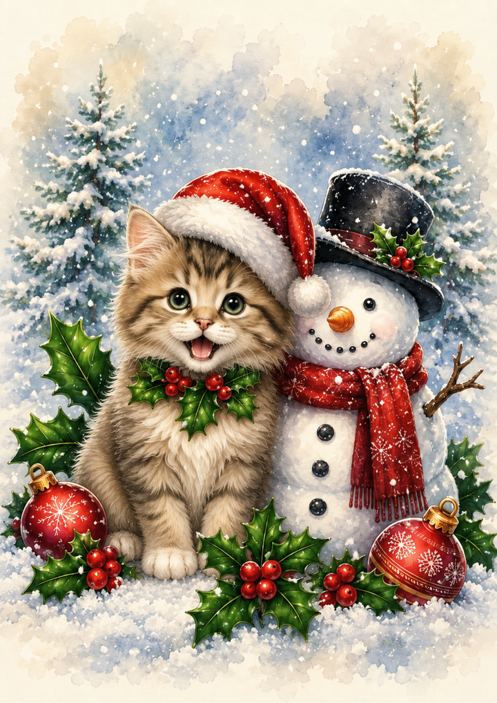 Rice Paper For Decoupage Festive Kitten &amp; Snowman Full  Cat. No. 9550