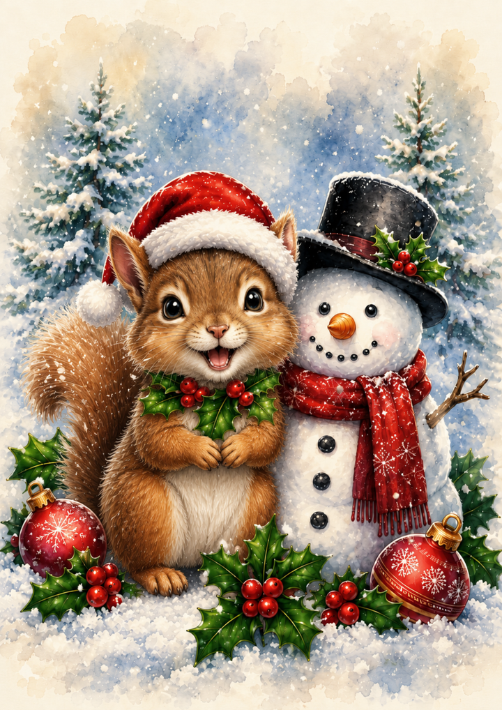 Rice Paper For Decoupage Festive Squirrel &amp; Snowman Full  Cat. No. 9551