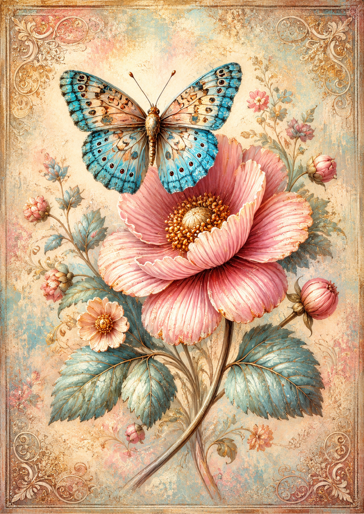 Rice Paper For Decoupage Beautiful Flower &amp; Butterfly Full  Cat. No. 9553