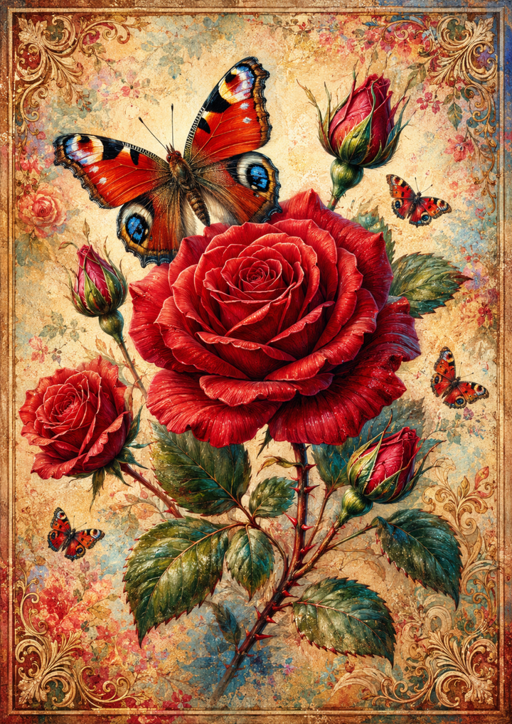 Rice Paper For Decoupage Red Rose &amp; Butterfly Full  Cat. No. 9554