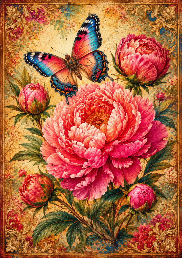 Rice Paper For Decoupage Pink Peony &amp; Butterfly Full  Cat. No. 9555
