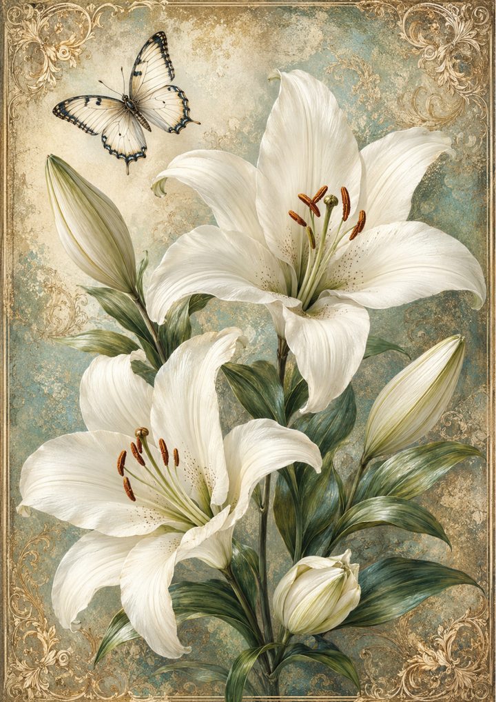 Rice Paper For Decoupage White Lily &amp; Butterfly Full  Cat. No. 9556