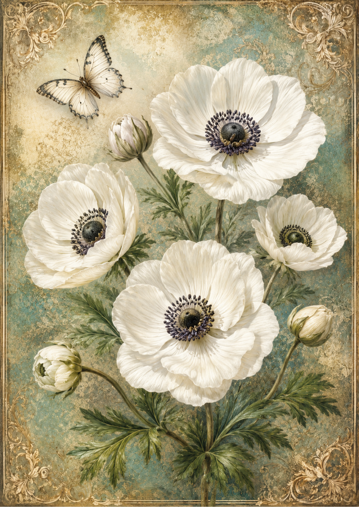 Rice Paper For Decoupage White Anemone &amp; Butterfly Full  Cat. No. 9557