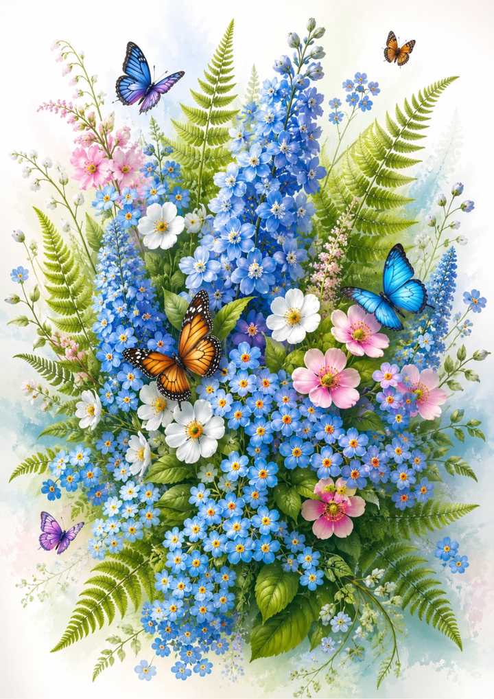 Rice Paper For Decoupage Do Not Forget Me Not Flowers &amp; Butterflies Full  Cat. No. 9560