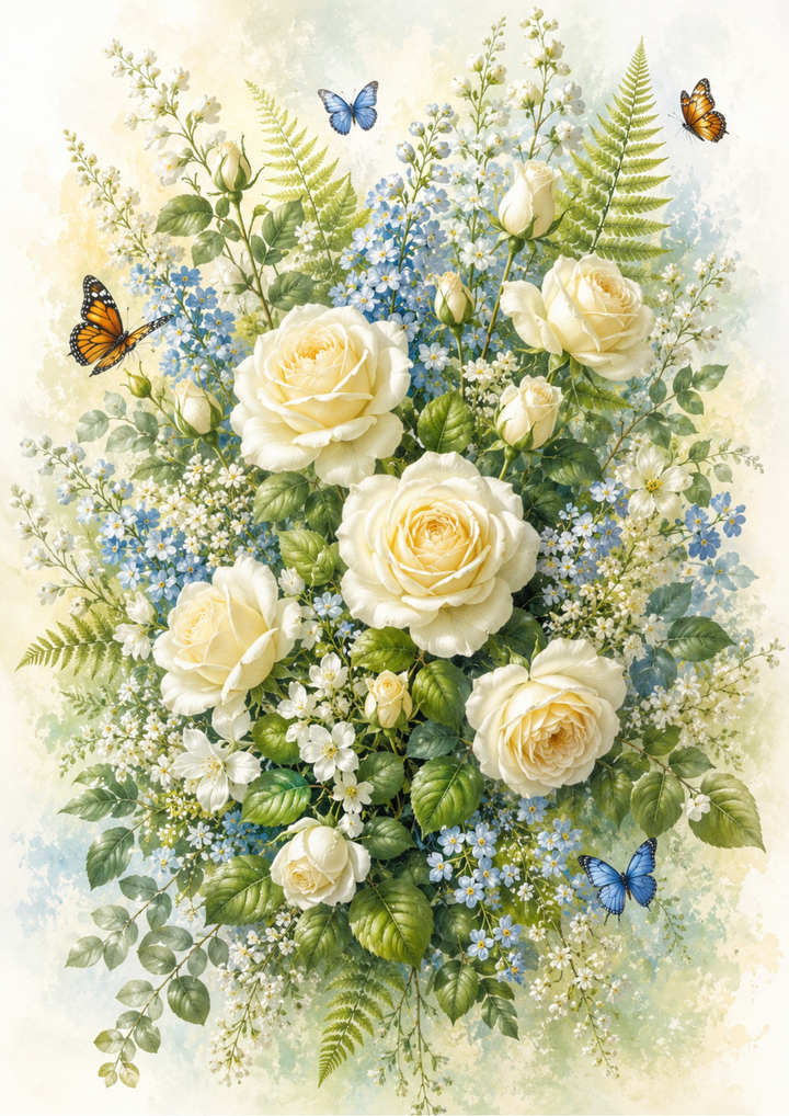 Rice Paper For Decoupage Delicate White Roses &amp; Butterflies Full  Cat. No. 9561