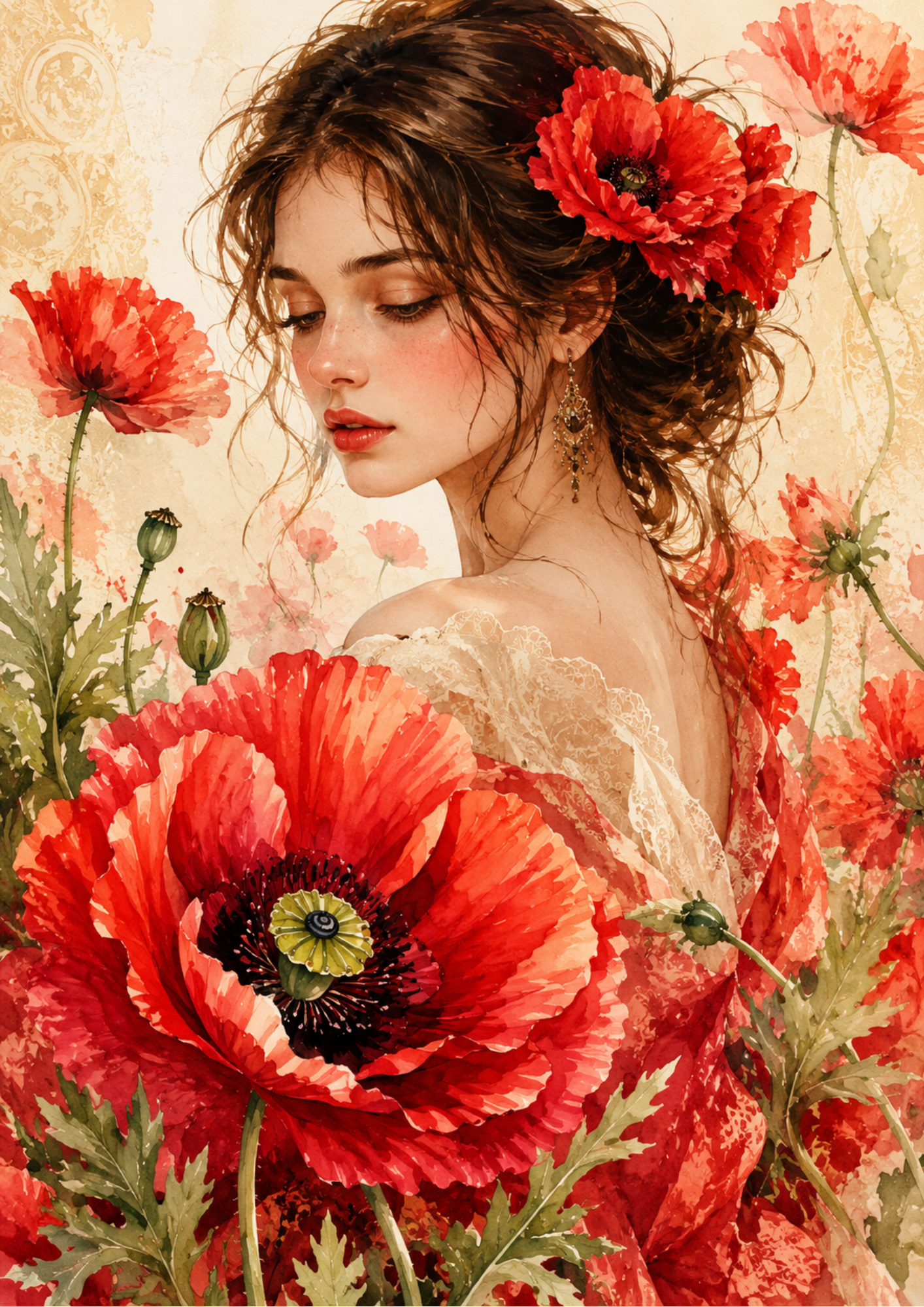 Rice Paper For Decoupage Red Poppies Woman Portrait  Full  Cat. No. 9589