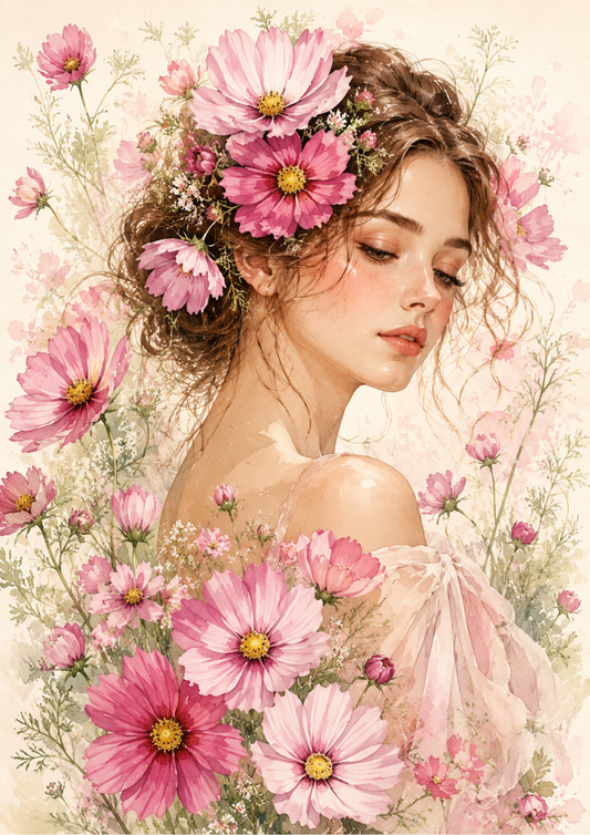 Rice Paper For Decoupage Cosmos Flowers Woman Portrait  Full  Cat. No. 9590