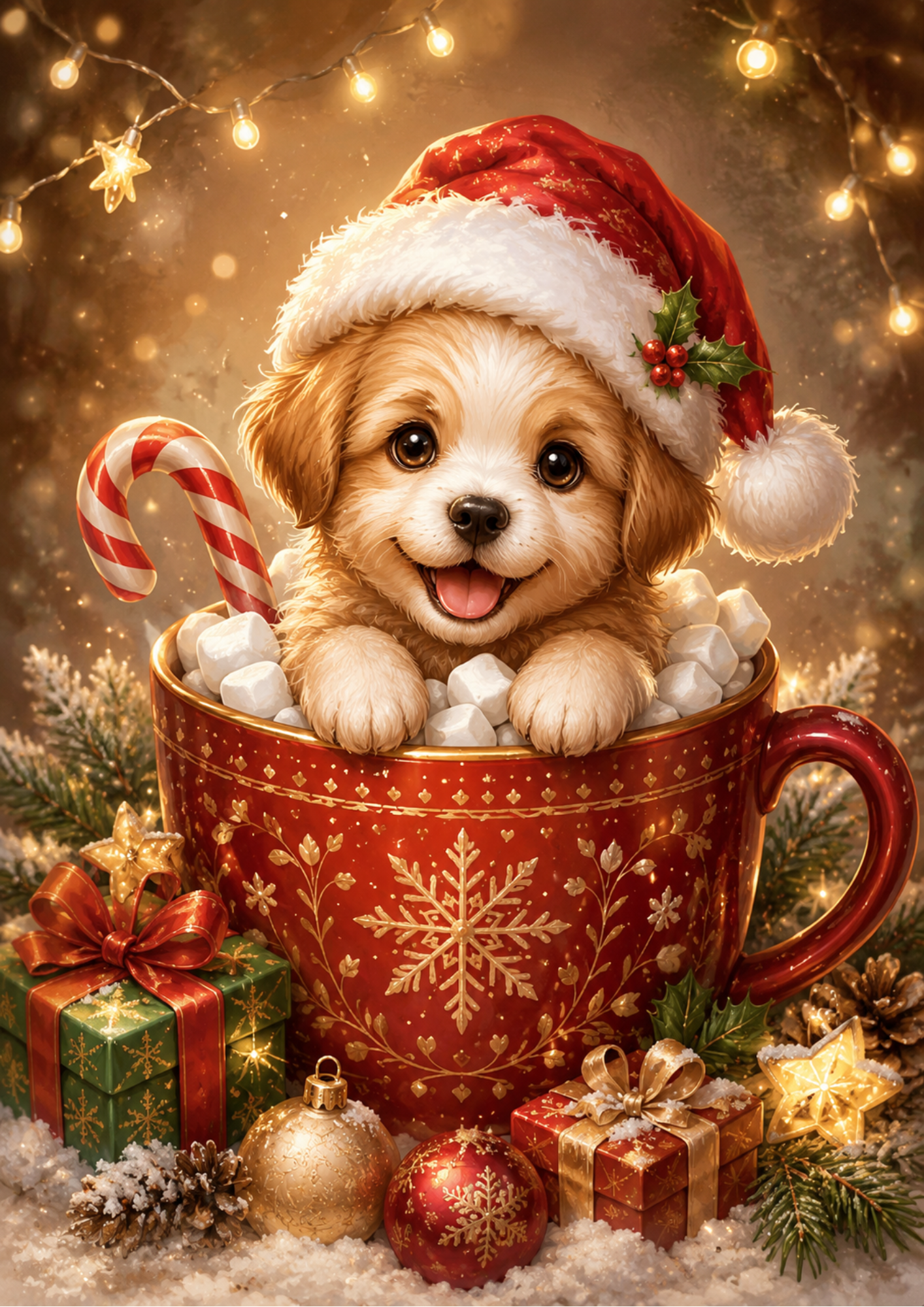 Rice Paper For Decoupage Festive Puppy in Cup  Full  Cat. No. 9598