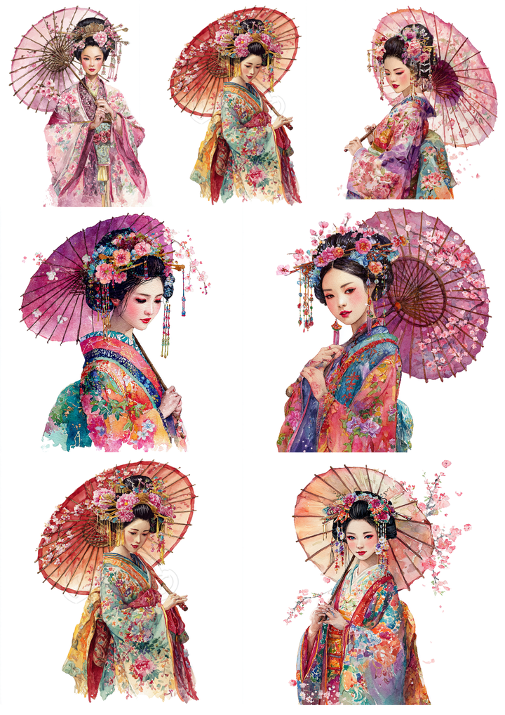 Rice Paper For Decoupage Beautiful Geisha with Umbrella Collage  Cat. No. 9605