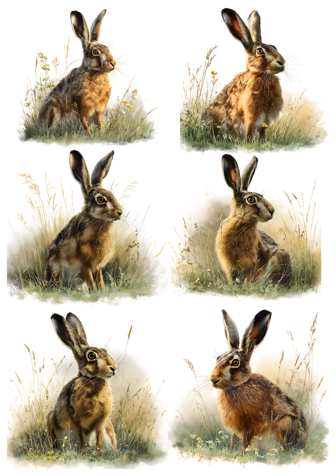 Rice Paper For Decoupage Wild Hare in the Grass Collage  Cat. No. 9610