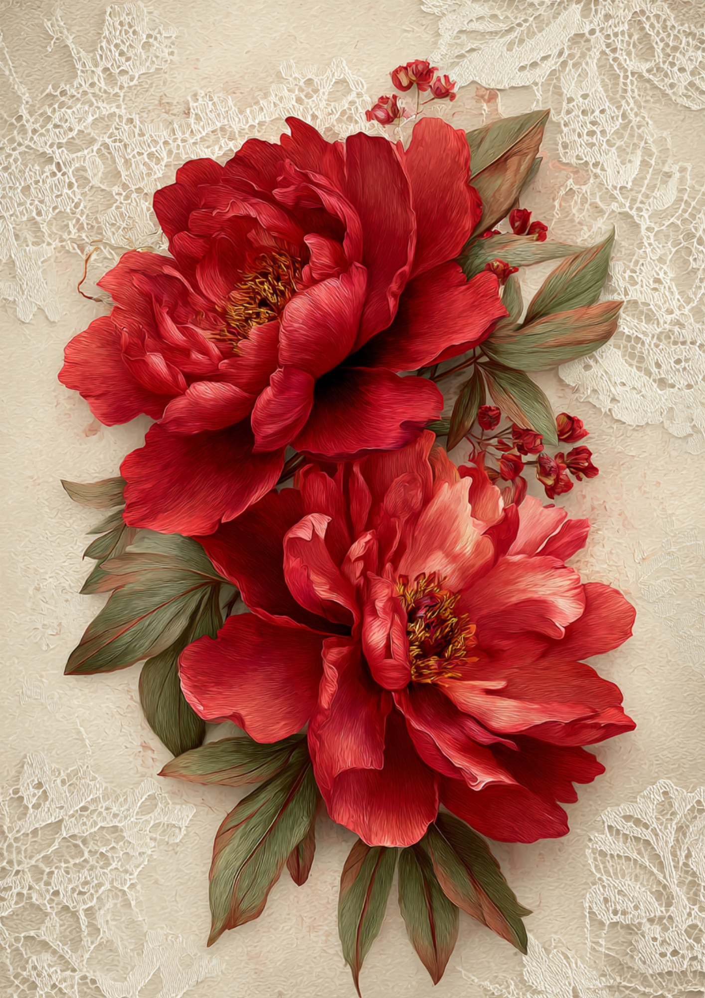 Rice Paper For Decoupage  Red Peonies Flowers Full  Cat. No. 9630