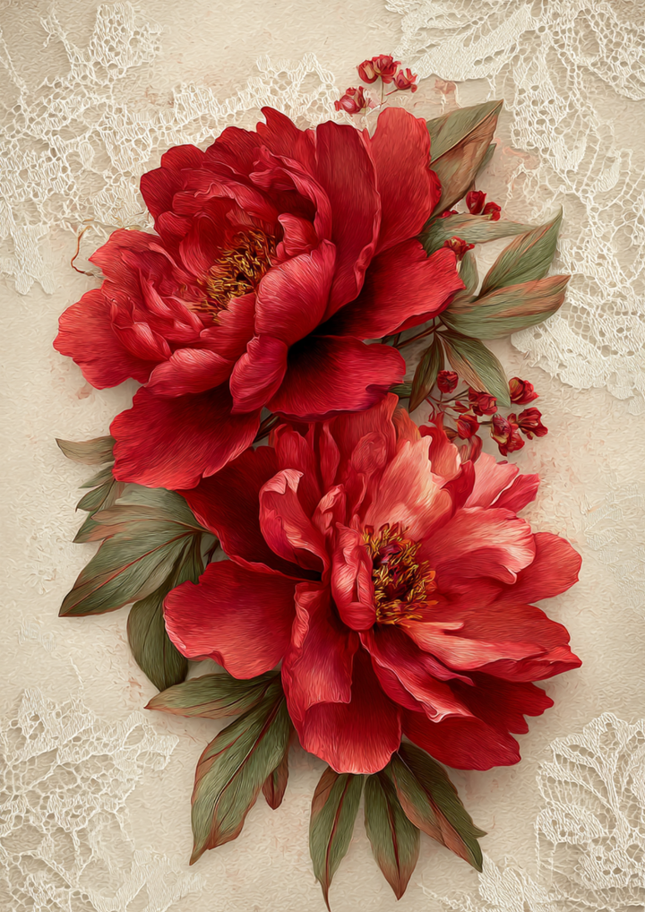 Rice Paper For Decoupage  Red Peonies Flowers Full  Cat. No. 9630