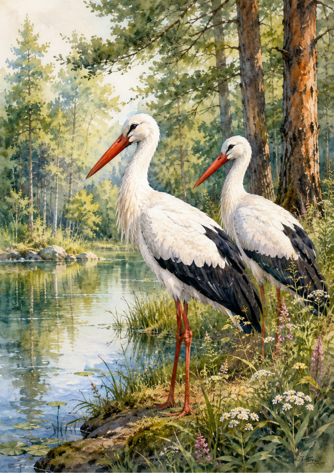 Rice Paper For Decoupage  Two Storks Near Lake Full  Cat. No. 9653