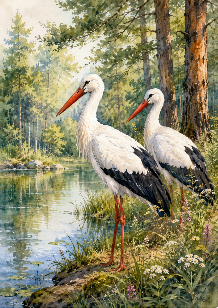 Rice Paper For Decoupage  Two Storks Near Lake Full  Cat. No. 9653