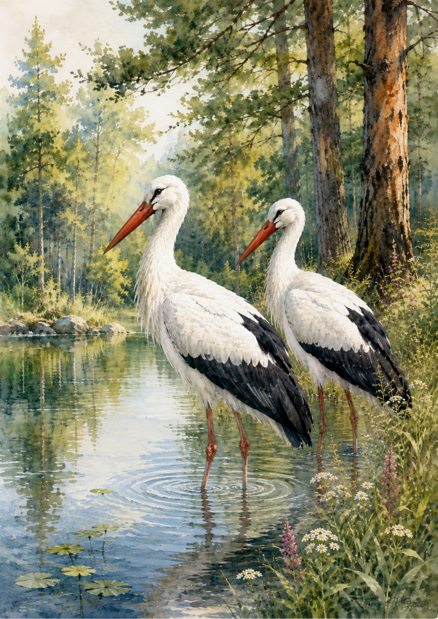 Rice Paper For Decoupage  Two Storks Near Lake Full  Cat. No. 9654