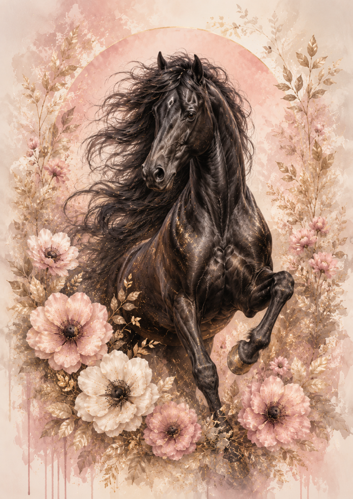 Rice Paper For Decoupage Black Horse in Shabby Chic Full  Cat. No. 9657