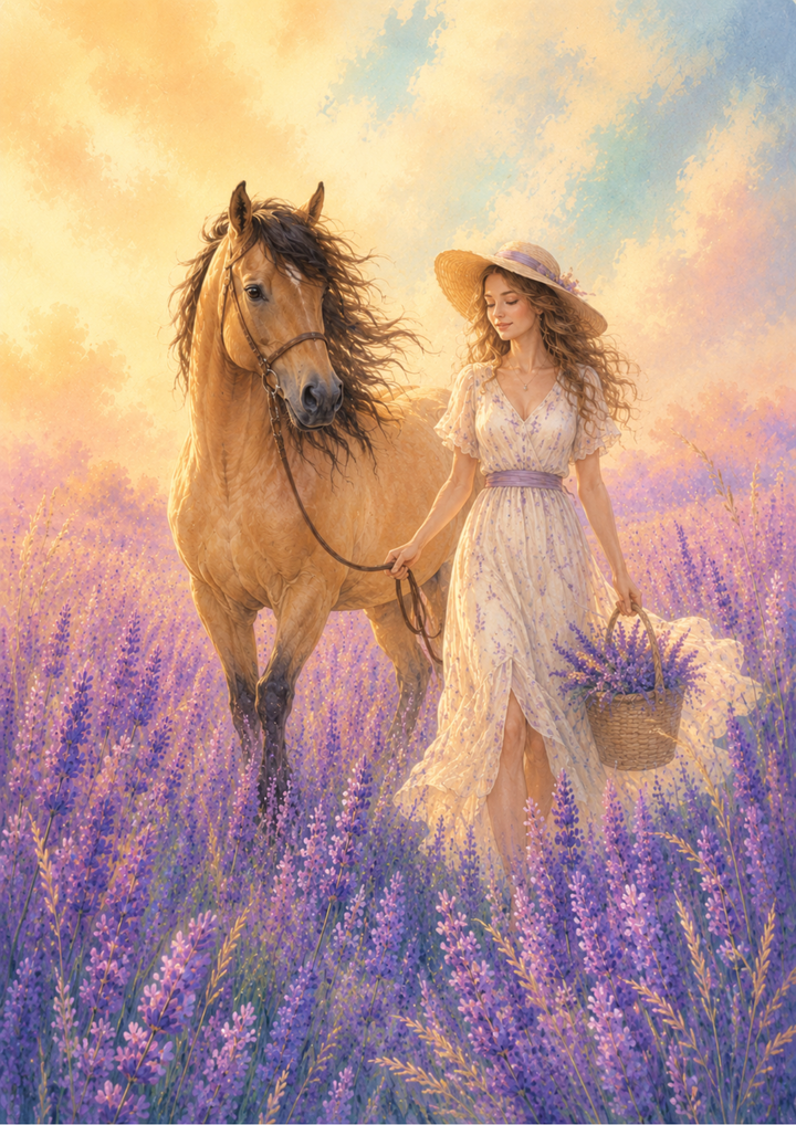 Rice Paper For Decoupage Horse , Girl &amp; Wild Lavender Field  Full  Cat. No. 9680